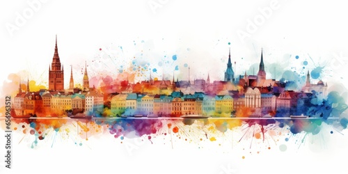  Rainbow Aquarelle Silhouette of Amsterdam's Iconic Cityscape, Featuring the Anne Frank House, Rijksmuseum, and the Rich Cultural Tapestry of the Netherlands