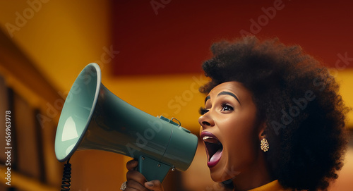 A black woman shouts loudly into a megaphone and announces the start of a Black Friday sale, outdoors outside a store.