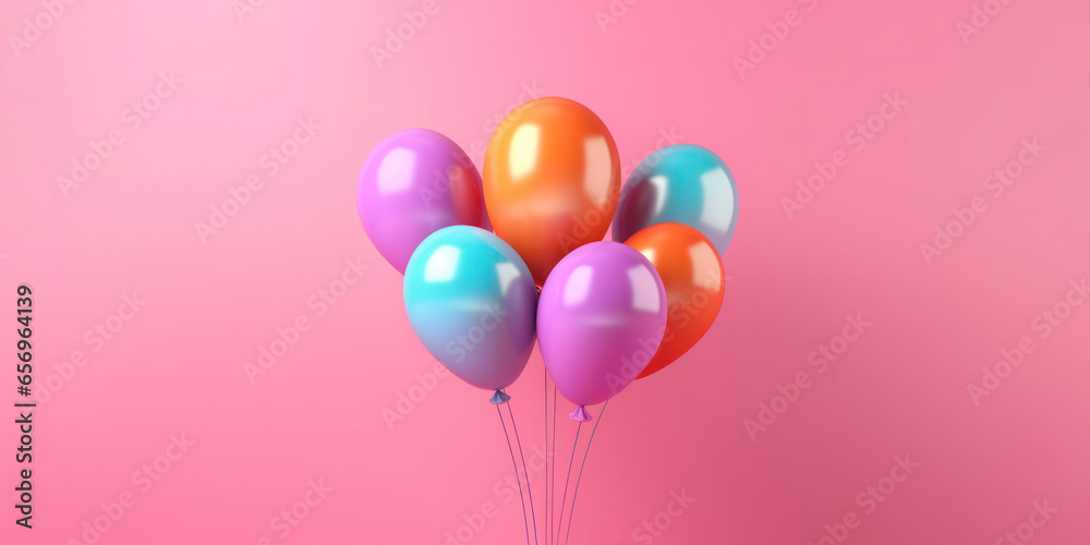 Many colorful bright and beautiful balloons in the studio with a pink background and with empty space for text Many colorful bright and beautiful balloons in the studio with a pink background and with empty space for text