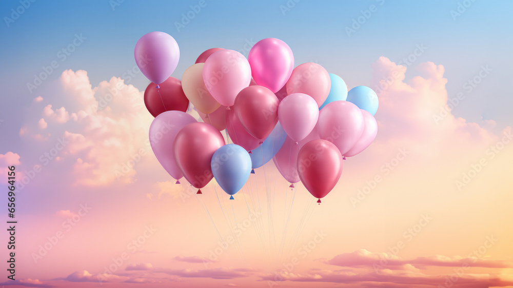 Bright and beautiful Multicolored and pink balloons fly across the sky with empty space for text Bright and beautiful Multicolored and pink balloons fly across the sky with empty space for text