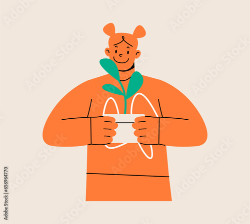 Happy woman holding plant. Colorful vector illustration