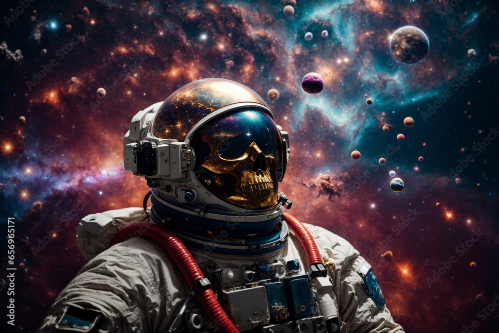 Golden skeleton in an astronaut suit floats in colorful space