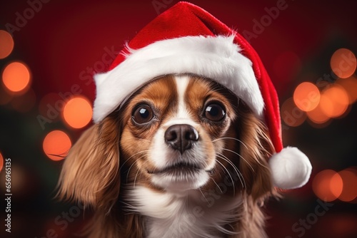 A holiday dog portrait highlighting the pup's joyful spirit, as it sports a Santa hat on a backdrop of deep red.