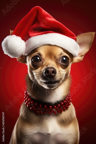 A festive image of a holiday dog donning a Santa Claus hat against a crimson backdrop. © Ivy