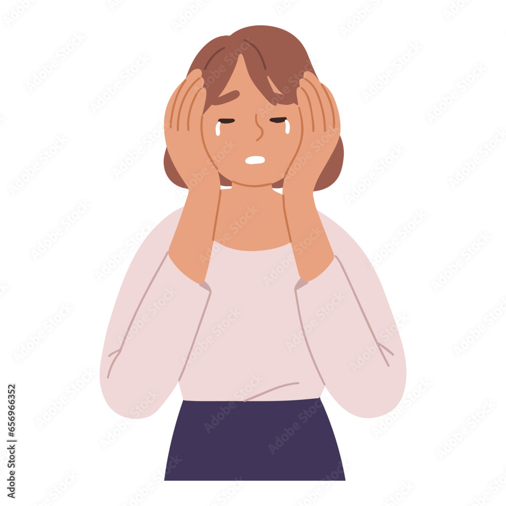.young woman covers her face with her hands while crying
