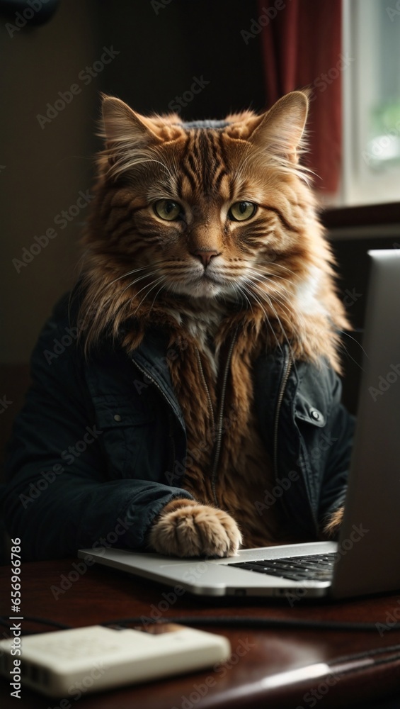 cat dressed and human using a laptop at home