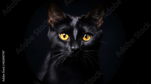 Black beautiful cute cat on a dark background on the day of Black Friday