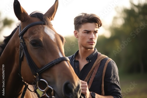 shot of a young man holding his horse by the reins outdoors photo