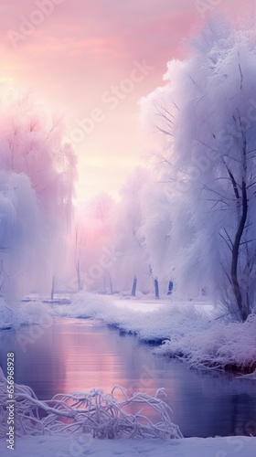 Winter concept landscape. Purple sunset, lake with crystal clear water and ice. Snow covered the trees.
