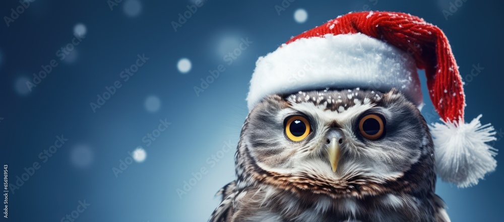 An image capturing the festive spirit as an owl wears a Santa hat on a serene blue background.