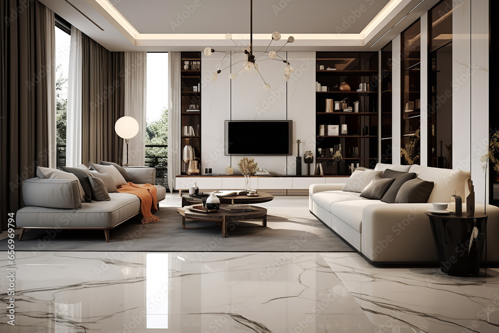  A spacious contemporary living room shines with the reflective surface of polished marble floor tiles, enhancing the room's luxurious feel - obrazy, fototapety, plakaty 