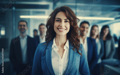 Happy businesswoman in office with colleagues in background