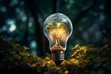 a lightbulb meticulously cracking open to reveal a miniature, lush forest sprouting within, its foliage glowing warmly against a soothing, dimly-lit background