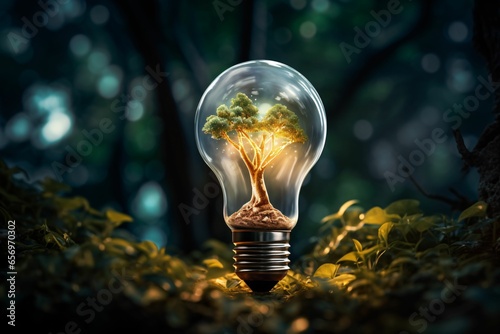 a lightbulb meticulously cracking open to reveal a miniature, lush forest sprouting within, its foliage glowing warmly against a soothing, dimly-lit background