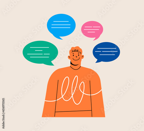 Man with chatting bubbles around his. The dialogue, communication, thoughts, ideas, messages. Colorful vector illustration