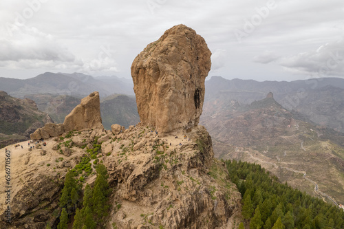 Aerial view of the Roque Nublo rock in Gran Canaria, Canary islands, Spain