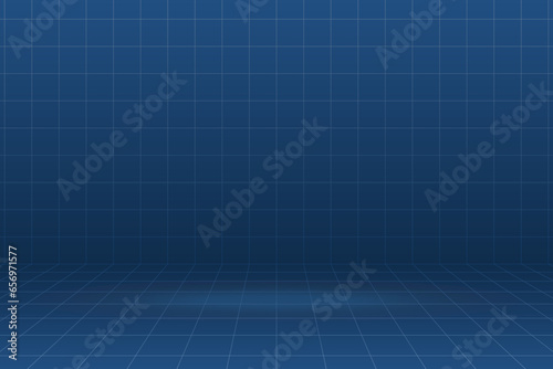 Blue background with bright, cool white grid lines creating a square pattern. Template platform for technology, industry, science, blueprint, or infographic concept. Vector illustration