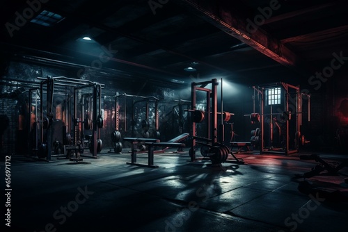 A dimly lit training area filled with weights and exercise equipment. Generative AI photo