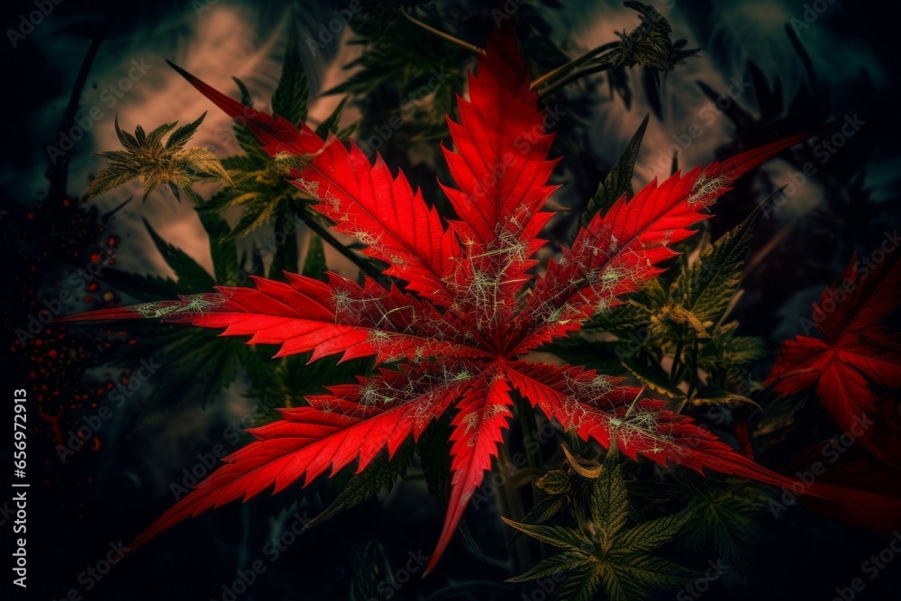 Red cannabis leaf. Red grass plant. Generate Ai Red cannabis leaf. Red grass plant. Generate Ai