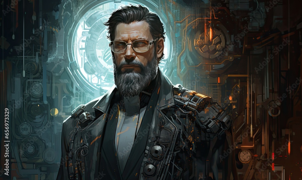 The cyberpunk man in the laboratory wore a sleek augmented reality headset, immersed in a digital realm. The cyberpunk man in the laboratory wore a sleek augmented reality headset, immersed in a digital realm.