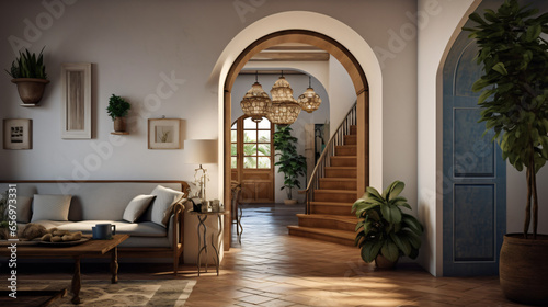 Mediterranean style hallway with arched door. Interior