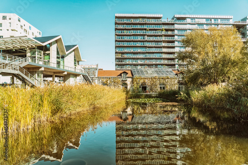 France, Ile-De-France, Paris, Lake and modern apartments in Parc Clichy-Batignolles - Martin Luther King