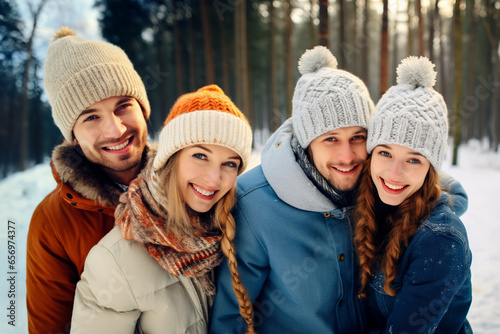 Outdoor portrait of four friends wearing warm clothes and knitted hats in winter, young people in the snow, Christmas holidays, nature vacations
