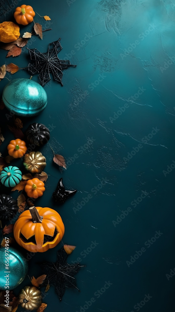 Halloween pumpkins on dark background. Autumn background. Holiday Halloween. Flat lay style, copy space, vertical image