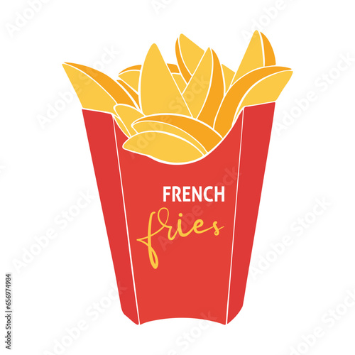 French fried potatoes in red box packaging. Fast food, junk. Box with inscription.