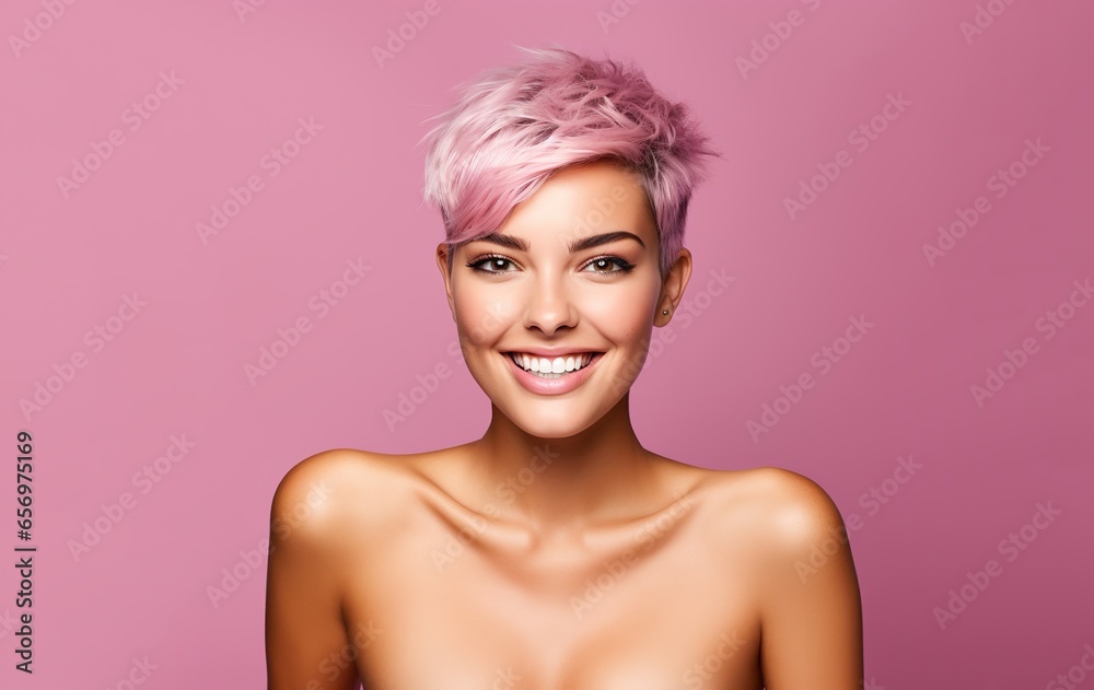 Portrait of young happy woman with short funky hairstyles. Skin care beauty, skincare cosmetics, dental concept isolated over pink background.
