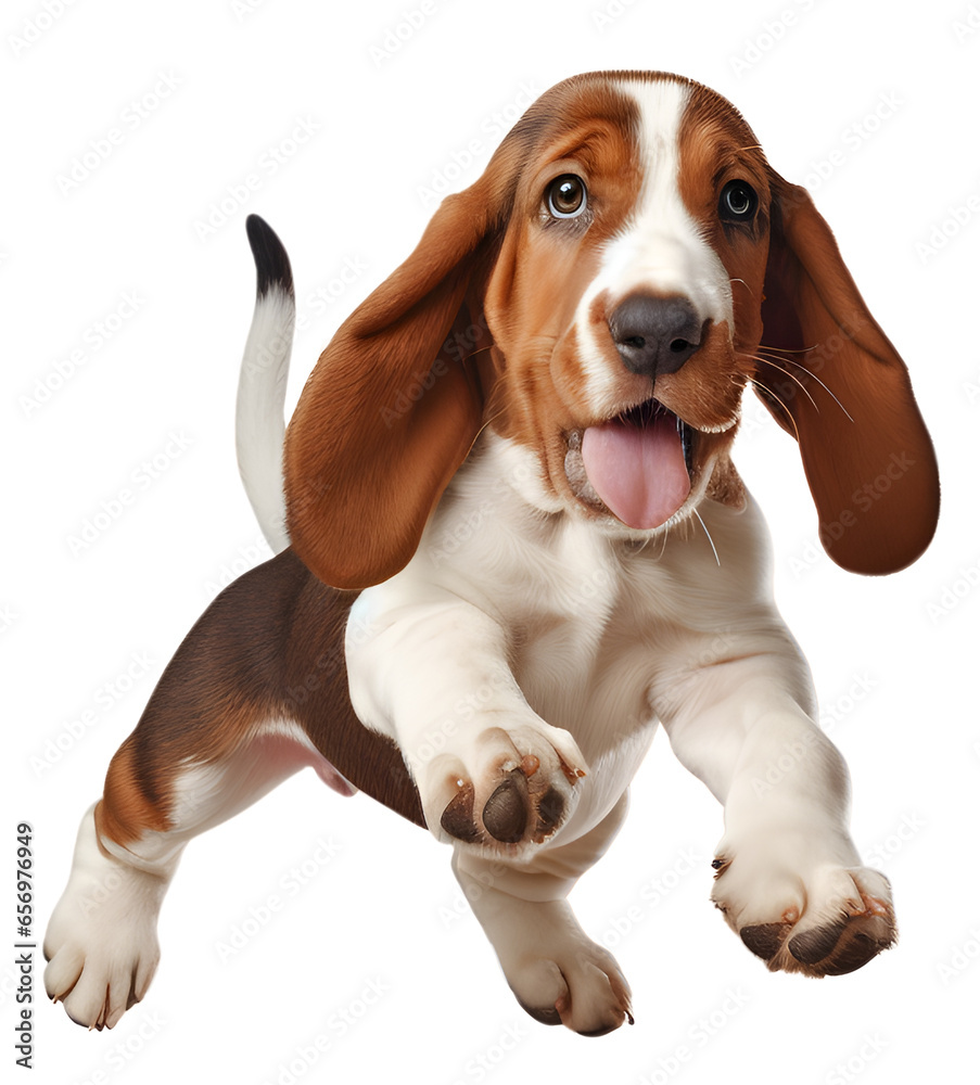  Cute Basset Hound dog puppy jumping isolated on transparent background cutout, PNG file. for product presentation. banner, poster, card, t shirt, sticker