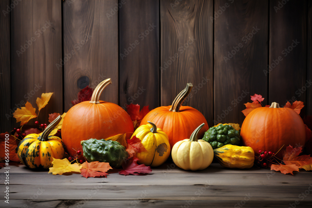 Happy Thanksgiving concept. Autumn composition with ripe orange pumpkins, fallen leaves, dry flowers on rustic wooden table Generative AI Happy Thanksgiving concept. Autumn composition with ripe orange pumpkins, fallen leaves, dry flowers on rustic wooden table Generative AI