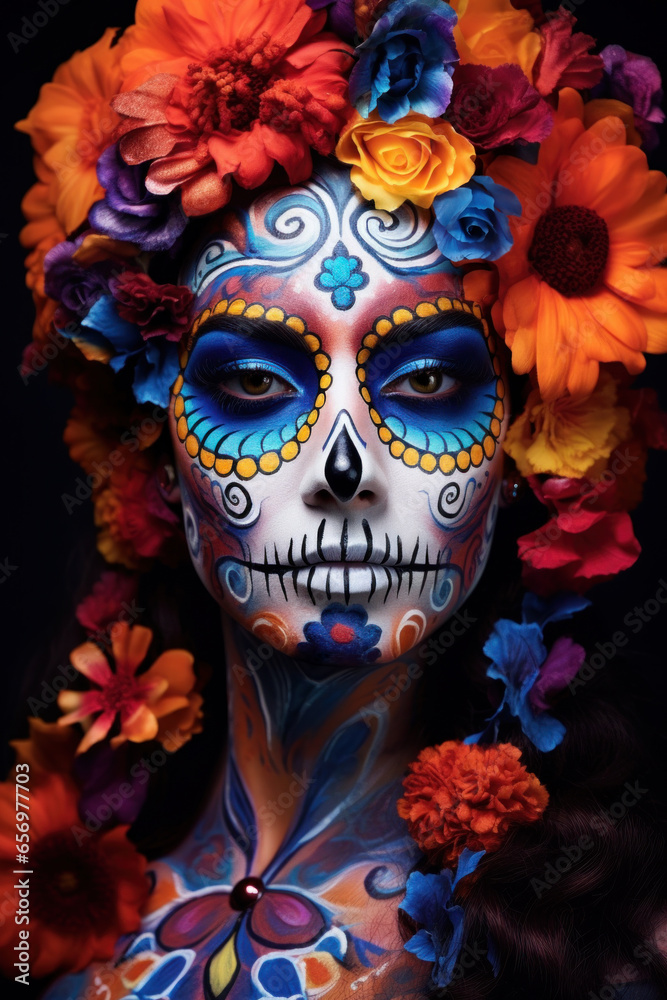 Portrait of beautiful girl with sugar skull makeup and wreath of flowers on dark background.