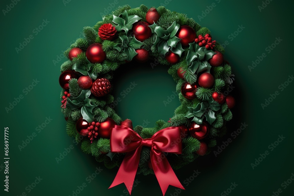 Festive Christmas wreath on a green background.