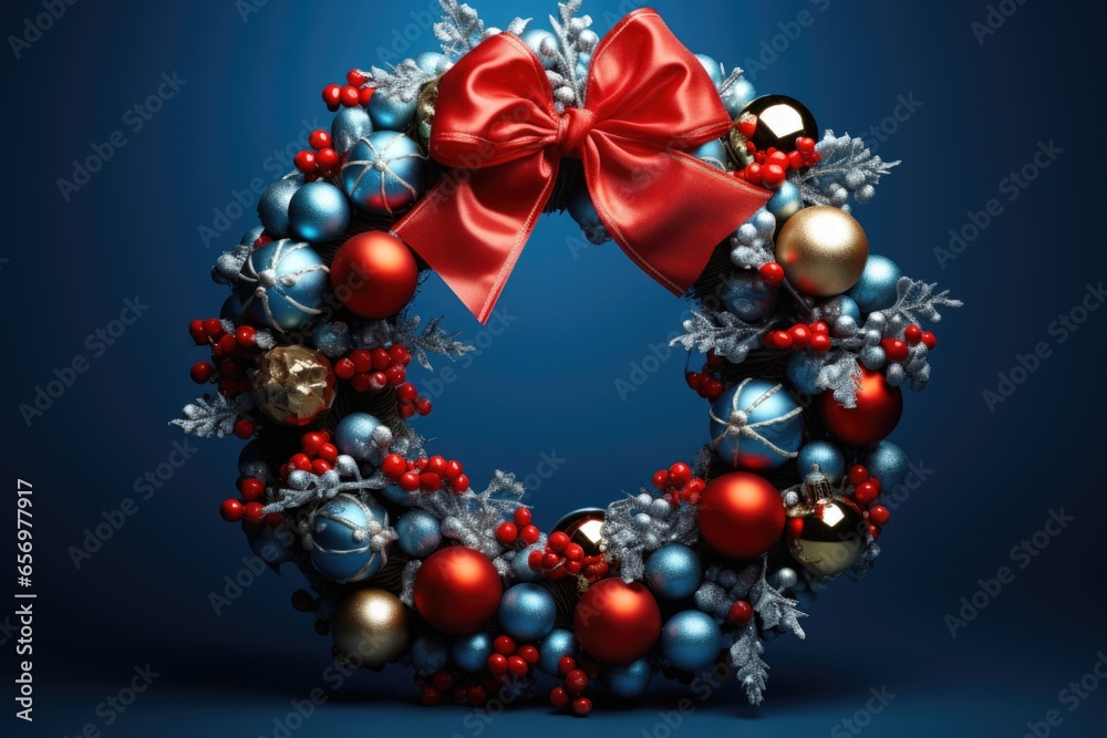 A Christmas wreath adorned with festive elements against a blue backdrop. A Christmas wreath adorned with festive elements against a blue backdrop.