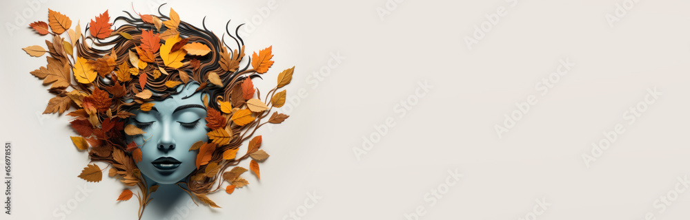 3D Autumn Fall Portrait Beauty fantasy woman face with yellow leaves and flowers. Art woman face flat lay in Autumn floral composition. Beauty salon, studio, make up concept