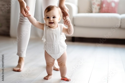 charming little girl in diapers takes her first steps at home holding hands with her mother, the child learns to walk at home in a bright living room