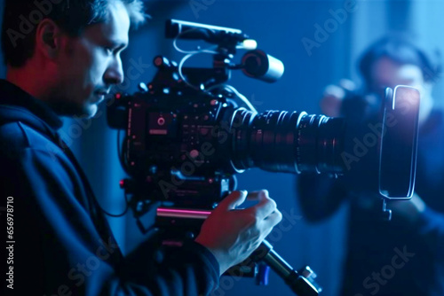 Close-up of a cameraman using a professional camera during filming while the director controls the process