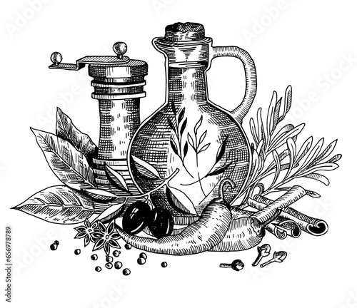 Set of spices, pepper mill, jug for olive oil in engraving style