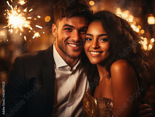 giovane coppia felice al veglione di capodanno vestita elegantemente , sfondo con fuochi d'artificio, concetto di festa o celebrazione photo