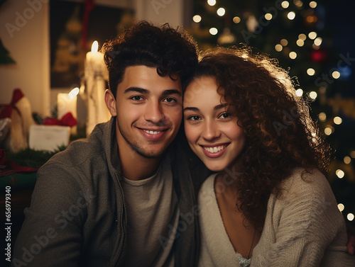 giovane coppia felice che brinda al natale, sfondo sfocato di albero di natale e lucine photo