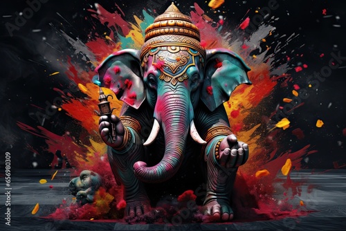 ganesha in color, in the style of colorful explosions, color splash, dark palette