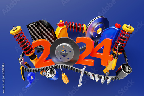 3d illustration design happy new year 2024 with auto parts for auto mechanic service concept isolated on blue background.
