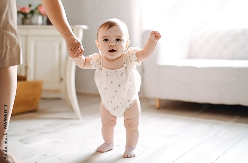 charming little girl in diapers takes her first steps at home holding