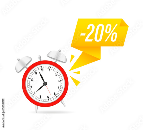 Discount last minute offer tag, 20 percent. Sale off time emblem, badge price discount number. Flat offer stamp, sticker clearance sale. Last minute discount. Alarm clock. Vector illustration