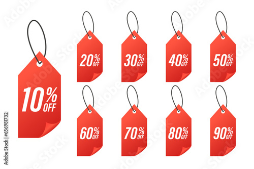 10%, 20%, 30%, 40%, 50%, 60%, 70%, 80%, 90%. Sale tags set vector badges template. Sale offer price sign. Special offer symbol. Discount promotion sticker. Discount badge shape. Vector illustration