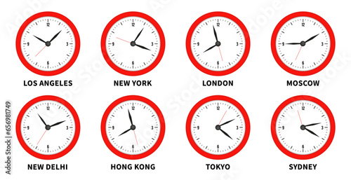 World Time Zones, eight different cities. Los Angeles, New york, London, Moscow, New Delhi. Hong Kong, Tokyo, Sydney. Clocks for time zones of different cities. Vector illustration