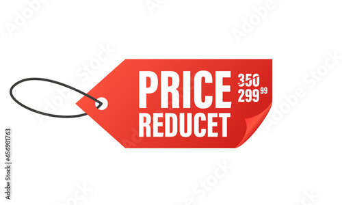 Price Reduced red eye-catching label for website or social network, crossed old price and the cheaper one - promo poster. Red discount coupon isolated on white background. Vector illustration
