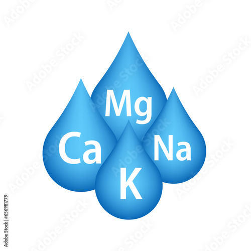 Mineral water icon. Blue drops with mineral designations. Simple flat logo template. Healthy water modern emblem idea. Isolated on white background. Vector illustration