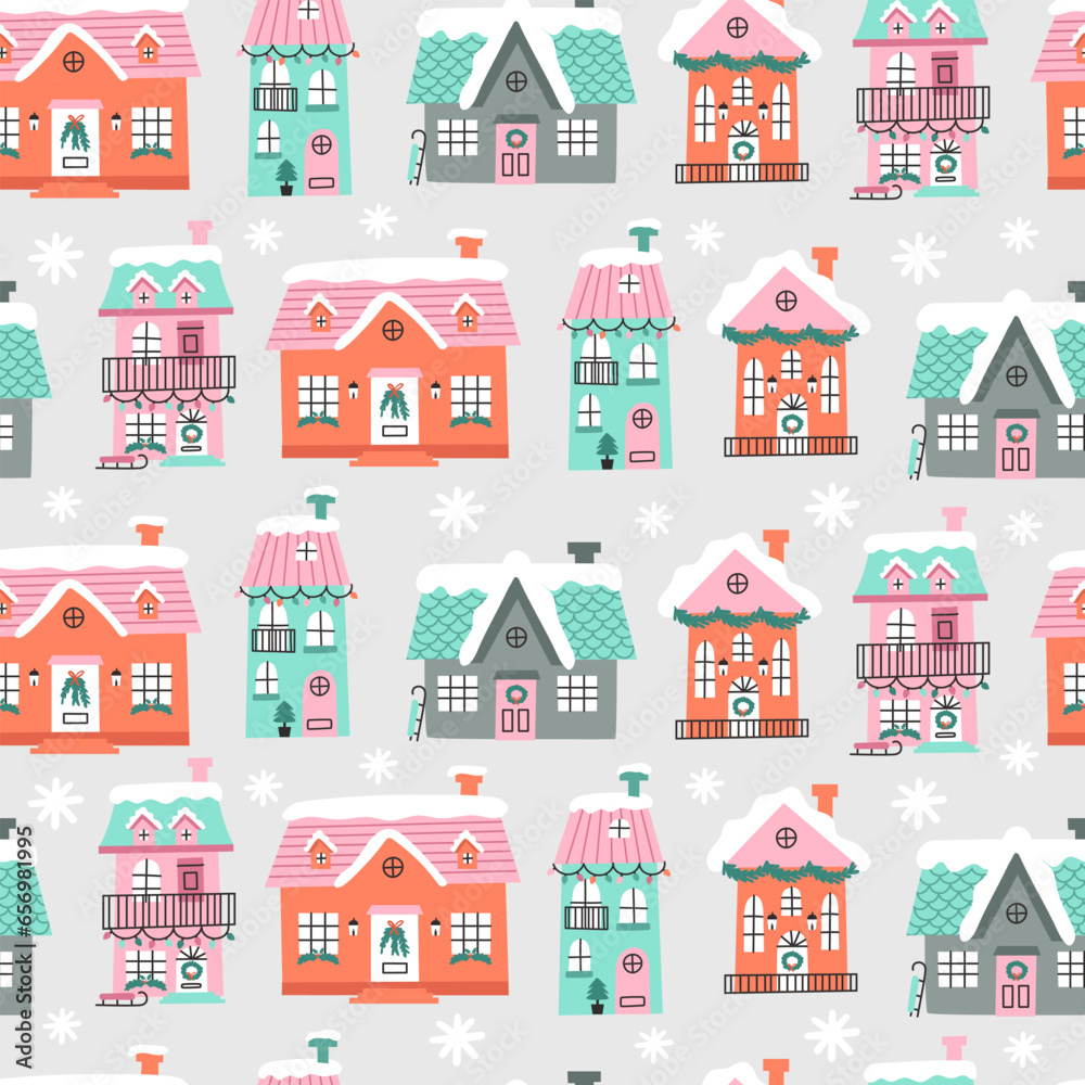 Christmas seamless pattern with winter houses. Vector illustrations
